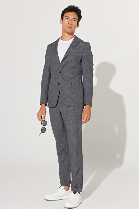 Slim Fit Dar Kesim Mono Yaka Desenli Antrasit-Beyaz Takım Elbise resmi