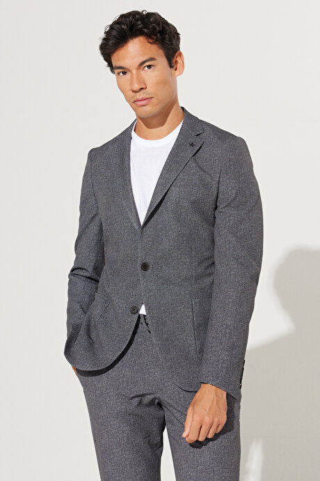 Slim Fit Dar Kesim Mono Yaka Desenli Antrasit-Beyaz Takım Elbise resmi