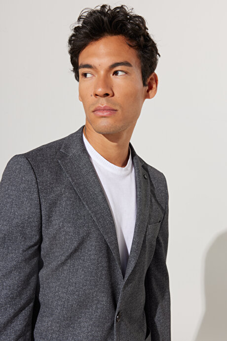 Slim Fit Dar Kesim Mono Yaka Desenli Antrasit-Beyaz Takım Elbise resmi