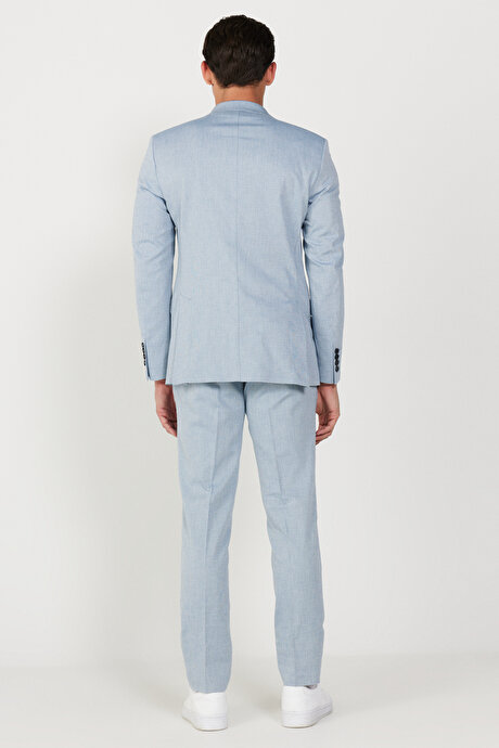 Slim Fit Dar Kesim Mono Yaka Diyagonal Desenli Pamuklu Mavi Takim Elbise resmi