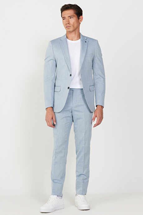 Slim Fit Dar Kesim Mono Yaka Diyagonal Desenli Pamuklu Mavi Takım Elbise resmi