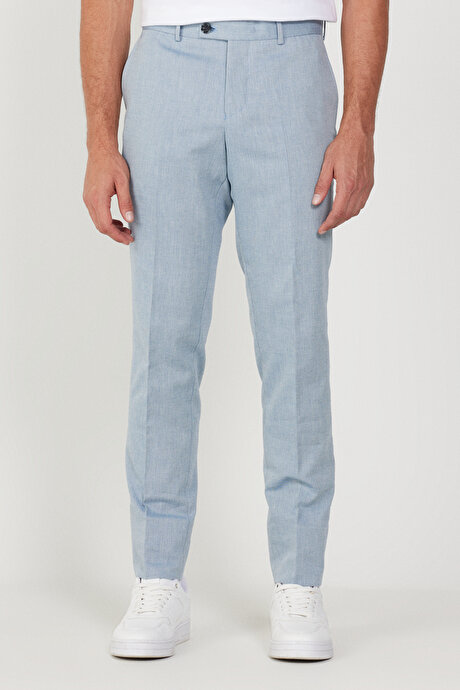 Slim Fit Dar Kesim Mono Yaka Diyagonal Desenli Pamuklu Mavi Takım Elbise resmi