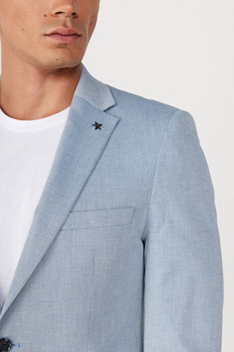 Slim Fit Dar Kesim Mono Yaka Diyagonal Desenli Pamuklu Mavi Takım Elbise resmi