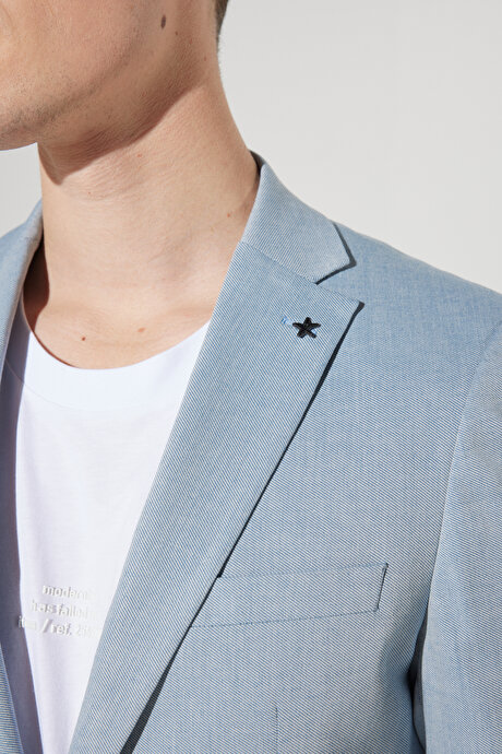 Slim Fit Dar Kesim Mono Yaka Diyagonal Desenli Pamuklu Mavi Takım Elbise resmi