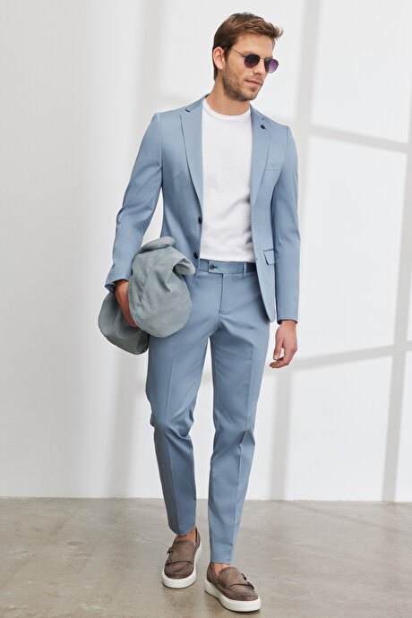 Ekstra Slim Fit Dar Kesim Mono Yaka Diyagonal Desenli Pamuklu Conte Mavi Takım Elbise resmi