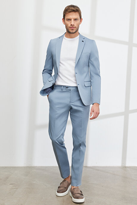 Ekstra Slim Fit Dar Kesim Mono Yaka Diyagonal Desenli Pamuklu Conte Mavi Takım Elbise resmi