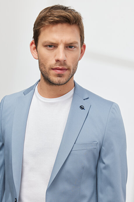 Ekstra Slim Fit Dar Kesim Mono Yaka Diyagonal Desenli Pamuklu Conte Mavi Takım Elbise resmi