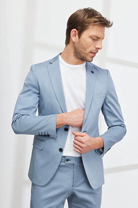 Ekstra Slim Fit Dar Kesim Mono Yaka Diyagonal Desenli Pamuklu Conte Mavi Takım Elbise resmi