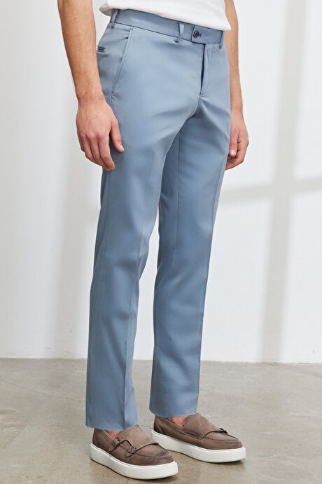 Ekstra Slim Fit Dar Kesim Mono Yaka Diyagonal Desenli Pamuklu Conte Mavi Takım Elbise resmi