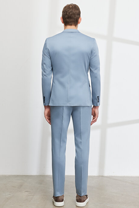 Ekstra Slim Fit Dar Kesim Mono Yaka Diyagonal Desenli Pamuklu Conte Mavi Takım Elbise resmi