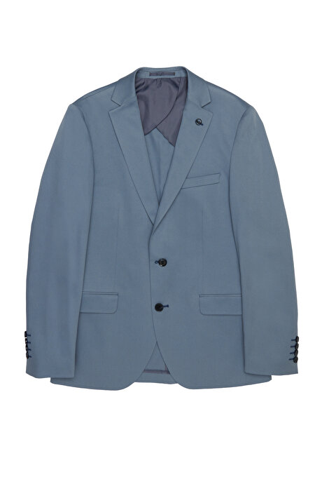 Ekstra Slim Fit Dar Kesim Mono Yaka Diyagonal Desenli Pamuklu Conte Mavi Takım Elbise resmi