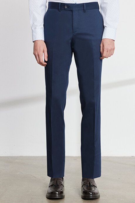 Ekstra Slim Fit Dar Kesim Mono Yaka Diyagonal Desenli Pamuklu Conte Lacivert Takım Elbise resmi