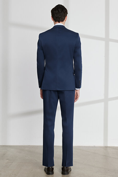 Ekstra Slim Fit Dar Kesim Mono Yaka Diyagonal Desenli Pamuklu Conte Lacivert Takım Elbise resmi