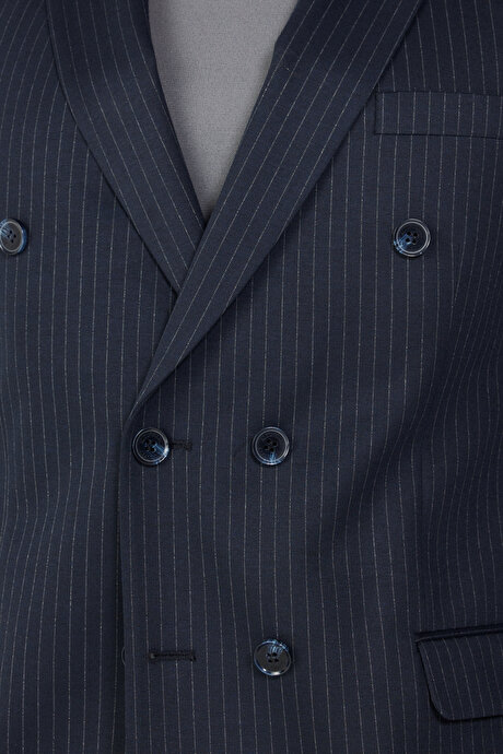 Slim Fit Dar Kesim Kırlangıç Yaka Çizgili Lacivert-Beyaz Takım Elbise resmi