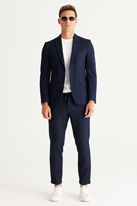 Slim Fit Dar Kesim Kırlangıç Yaka Desenli Lacivert Takım Elbise resmi