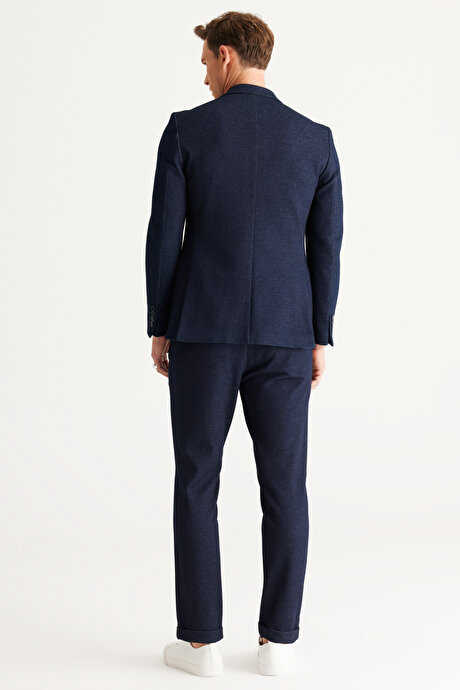 Slim Fit Dar Kesim Kırlangıç Yaka Desenli Lacivert Takım Elbise resmi