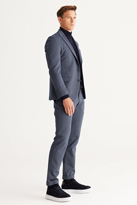 Slim Fit Dar Kesim Kırlangıç Yaka Desenli Lacivert-Gri Takım Elbise resmi