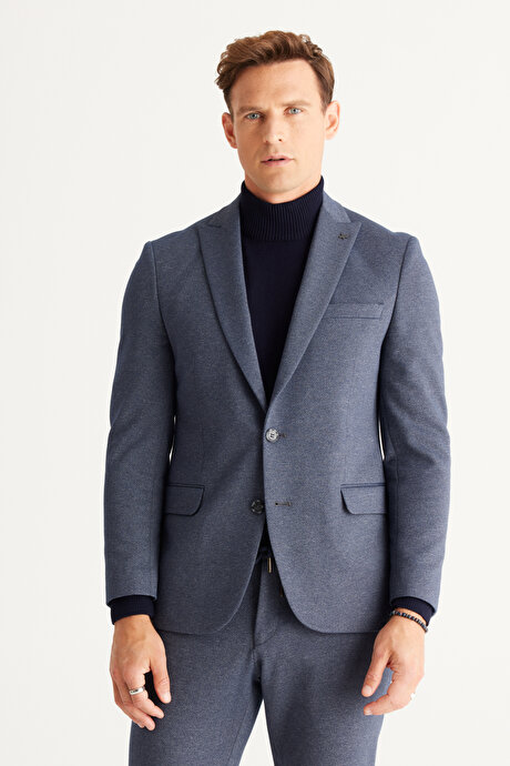 Slim Fit Dar Kesim Kırlangıç Yaka Desenli Lacivert-Gri Takım Elbise resmi