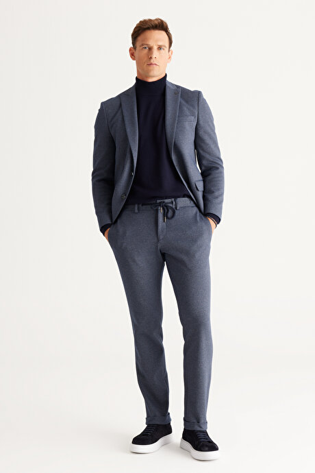 Slim Fit Dar Kesim Kırlangıç Yaka Desenli Lacivert-Gri Takım Elbise resmi