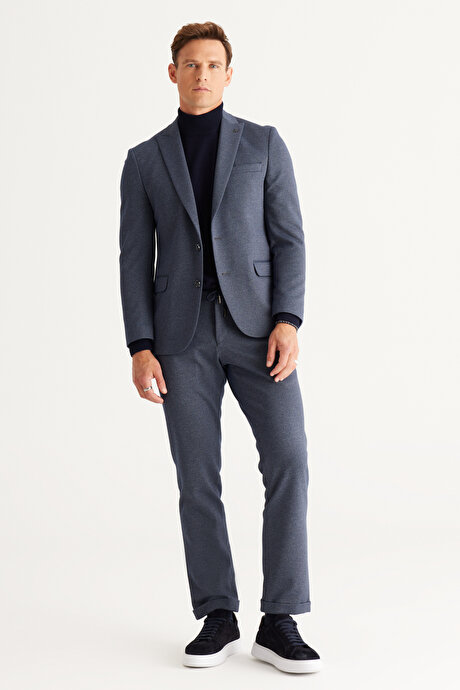 Slim Fit Dar Kesim Kırlangıç Yaka Desenli Lacivert-Gri Takım Elbise resmi