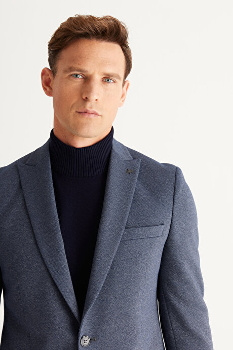 Slim Fit Dar Kesim Kırlangıç Yaka Desenli Lacivert-Gri Takım Elbise resmi