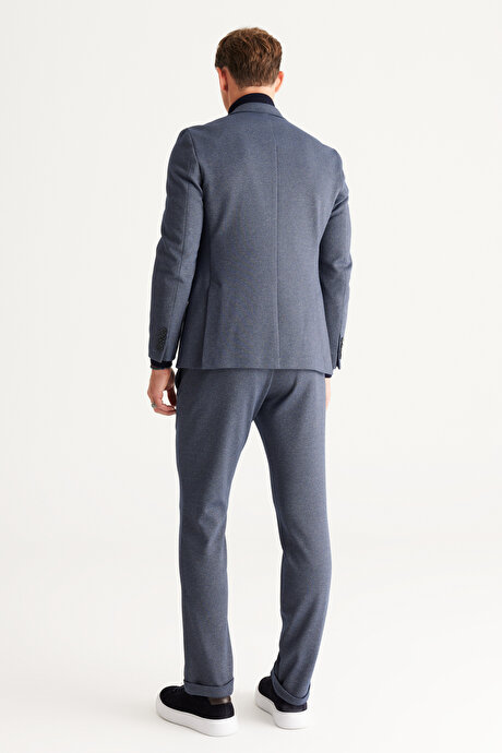 Slim Fit Dar Kesim Kırlangıç Yaka Desenli Lacivert-Gri Takım Elbise resmi