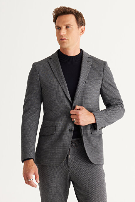 Slim Fit Dar Kesim Mono Yaka Desenli Lacivert-Gri Takım Elbise resmi