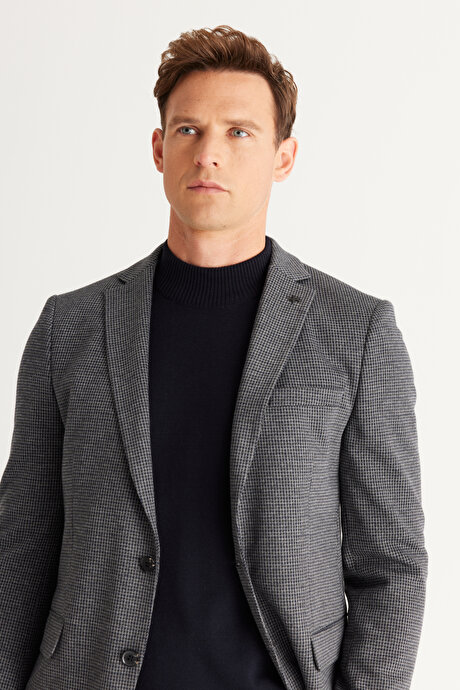 Slim Fit Dar Kesim Mono Yaka Desenli Lacivert-Gri Takım Elbise resmi