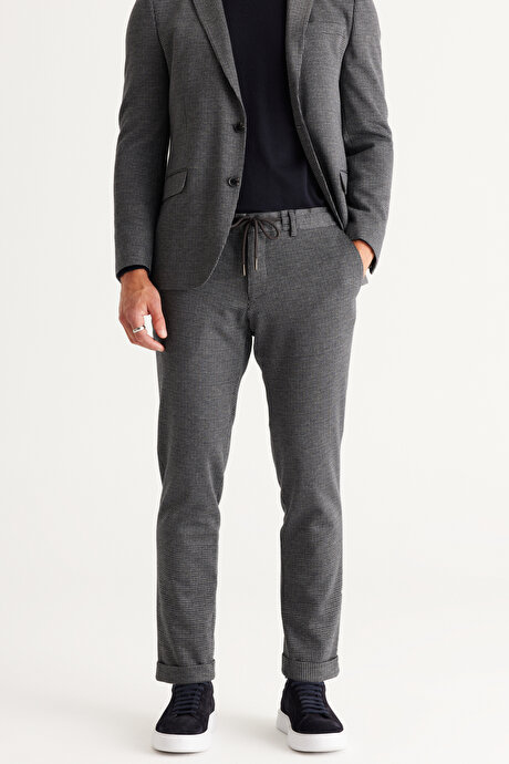 Slim Fit Dar Kesim Mono Yaka Desenli Lacivert-Gri Takım Elbise resmi