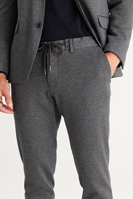 Slim Fit Dar Kesim Mono Yaka Desenli Lacivert-Gri Takım Elbise resmi