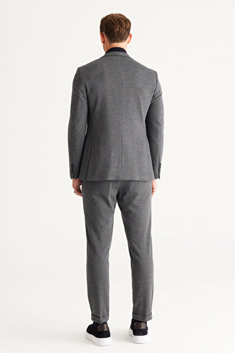 Slim Fit Dar Kesim Mono Yaka Desenli Lacivert-Gri Takım Elbise resmi