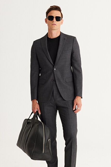 Slim Fit Dar Kesim Kırlangıç Yaka Cordura Kumaş Desenli Yünlü Antrasit Takım Elbise resmi