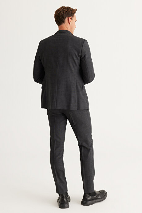 Slim Fit Dar Kesim Kırlangıç Yaka Cordura Kumaş Desenli Yünlü Antrasit Takım Elbise resmi