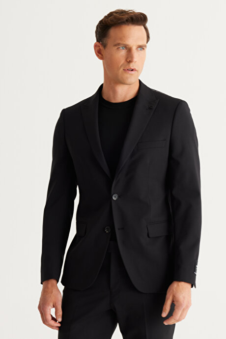 Slim Fit Dar Kesim Kırlangıç Yaka Cordura Kumaş Desenli Yünlü Siyah Takım Elbise resmi