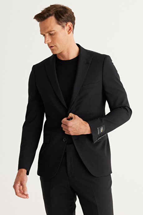 Slim Fit Dar Kesim Kırlangıç Yaka Cordura Kumaş Desenli Yünlü Siyah Takım Elbise resmi