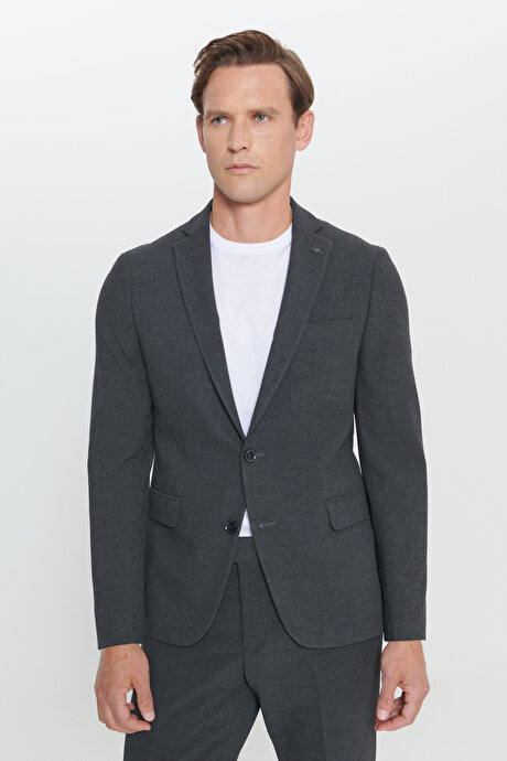 Slim Fit Dar Kesim Mono Yaka Desenli Antrasit Takım Elbise resmi
