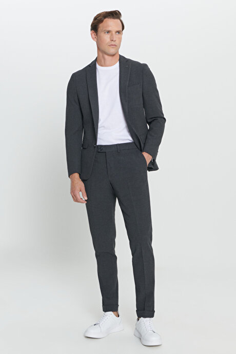 Slim Fit Dar Kesim Mono Yaka Desenli Antrasit Takım Elbise resmi