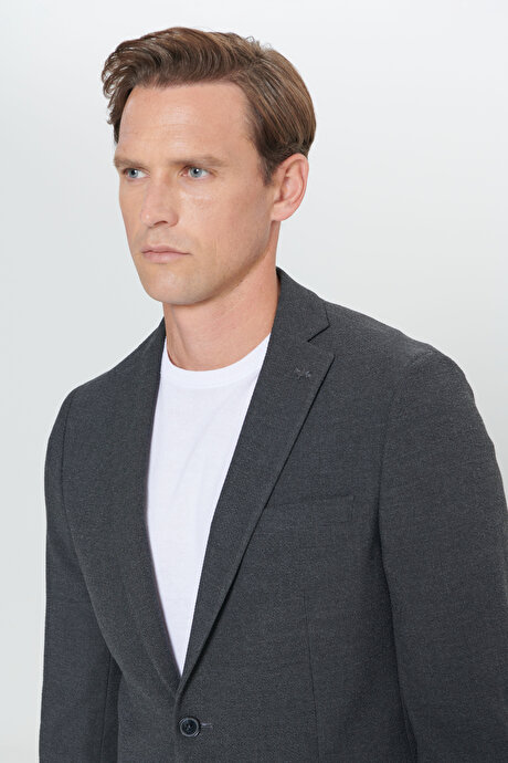 Slim Fit Dar Kesim Mono Yaka Desenli Antrasit Takım Elbise resmi