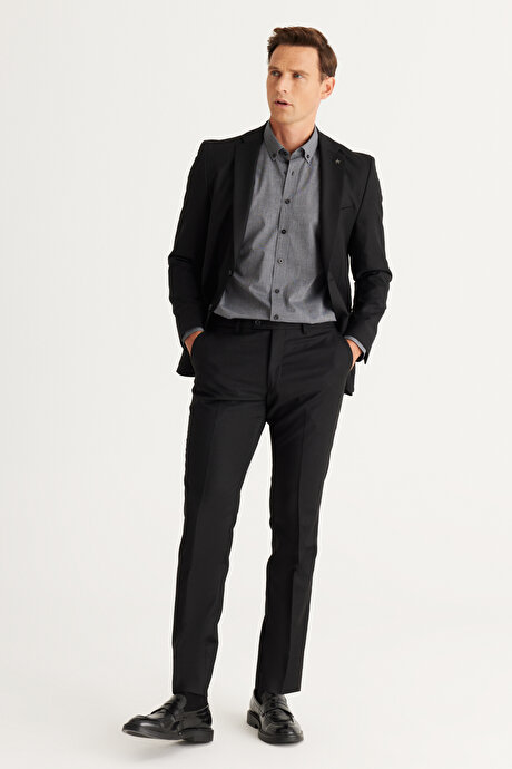 Ekstra Slim Fit Dar Kesim Mono Yaka Yünlü Siyah Takım Elbise resmi