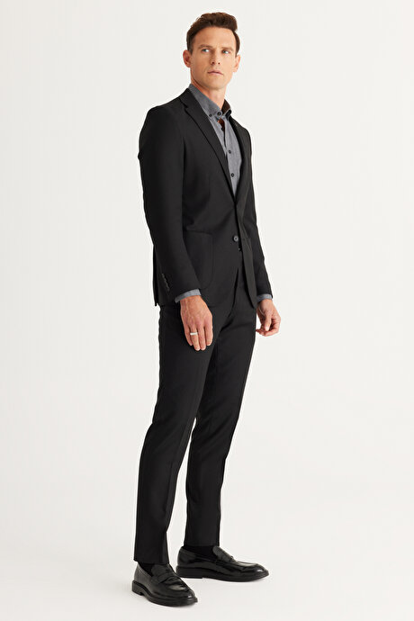 Ekstra Slim Fit Dar Kesim Mono Yaka Yünlü Siyah Takım Elbise resmi