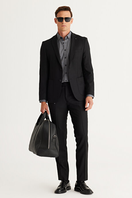 Ekstra Slim Fit Dar Kesim Mono Yaka Yünlü Siyah Takım Elbise resmi