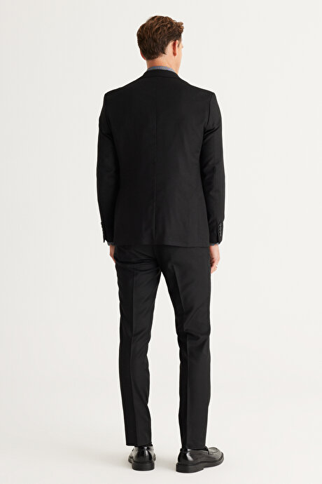 Ekstra Slim Fit Dar Kesim Mono Yaka Yünlü Siyah Takım Elbise resmi