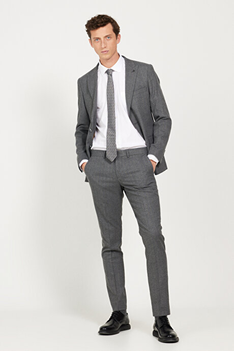 Slim Fit Dar Kesim Kırlangıç Yaka Çizgili Koyu Gri Takım Elbise resmi