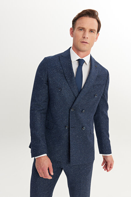 Slim Fit Dar Kesim Kırlangıç Yaka Desenli Lacivert Takım Elbise resmi