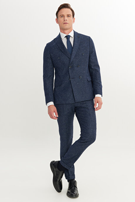 Slim Fit Dar Kesim Kırlangıç Yaka Desenli Lacivert Takım Elbise resmi