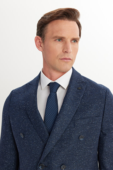 Slim Fit Dar Kesim Kırlangıç Yaka Desenli Lacivert Takım Elbise resmi