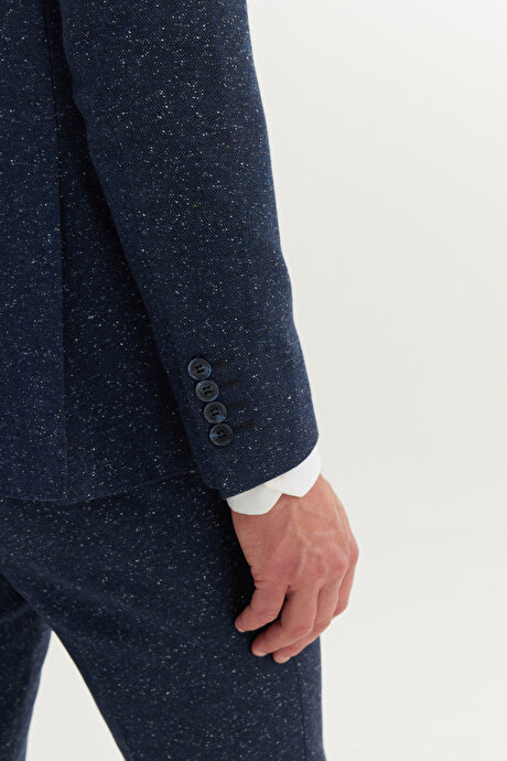 Slim Fit Dar Kesim Kırlangıç Yaka Desenli Lacivert Takım Elbise resmi