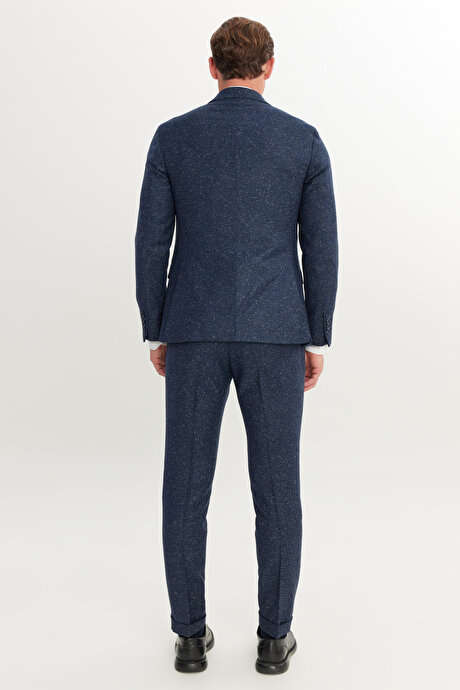 Slim Fit Dar Kesim Kırlangıç Yaka Desenli Lacivert Takım Elbise resmi