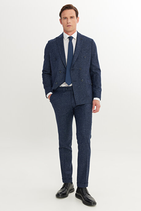 Slim Fit Dar Kesim Kırlangıç Yaka Desenli Lacivert Takım Elbise resmi