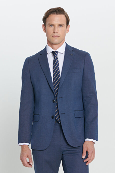 Regular Fit Geniş Kesim Mono Yaka Desenli Lacivert Takım Elbise resmi